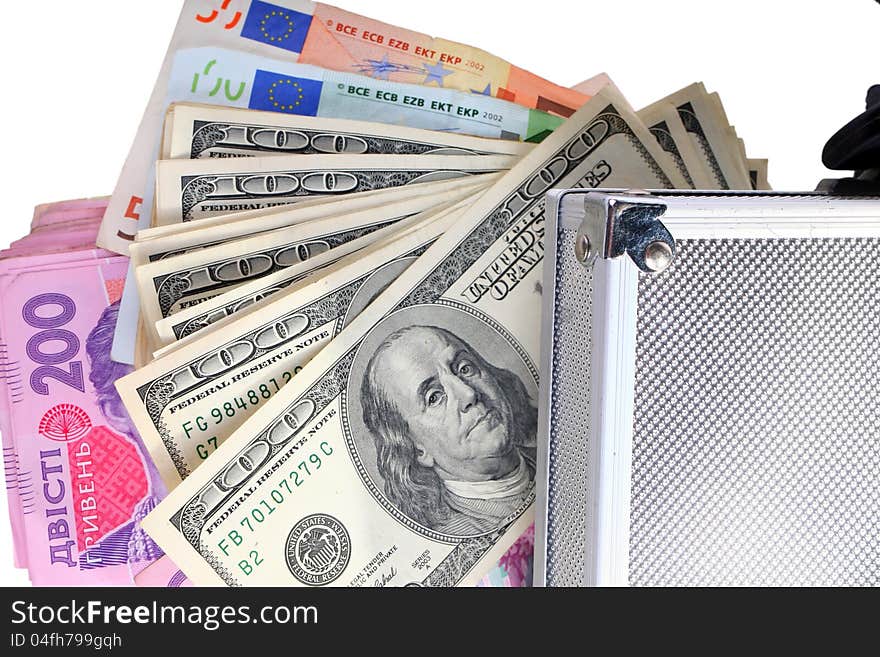 Case with money on an isolated white background