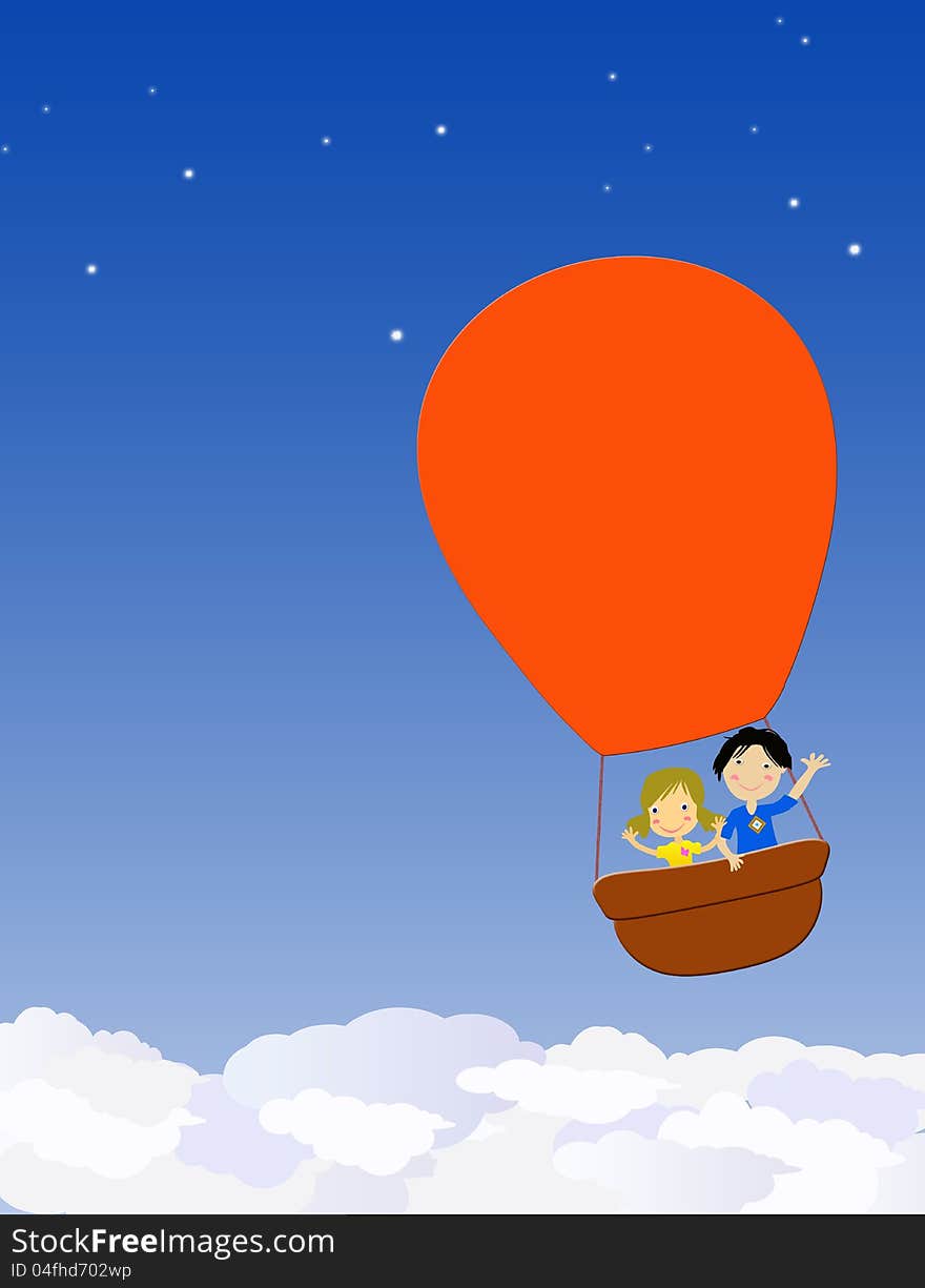 Illustrations of children flying with hot air balloon in the night. Illustrations of children flying with hot air balloon in the night