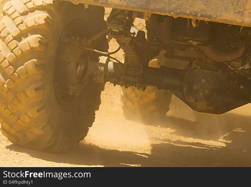 Detailed view of the wheels of the truck.