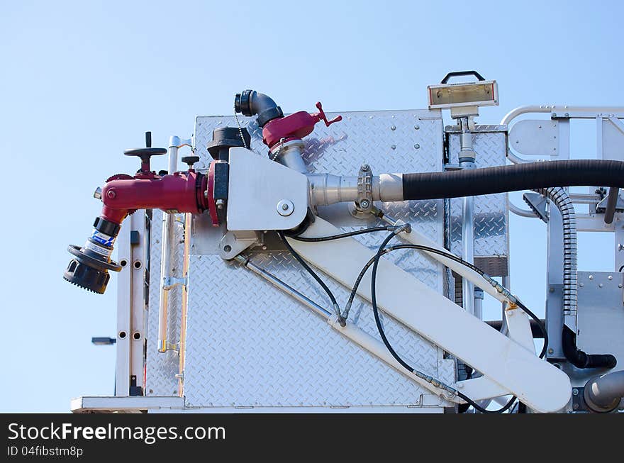 Firefighting hose closeup on fire emergency truck