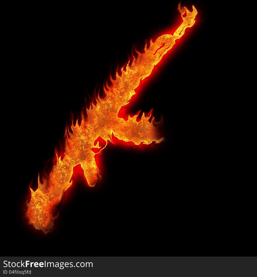 Burning kalashnikov ak47 silhouette fire on black