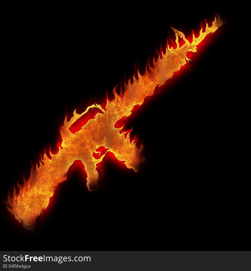 Burning m16 rifle fire on black background