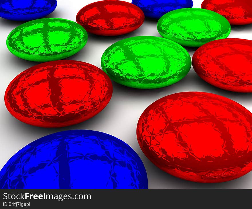 Textured beads that are colored red blue and green. Textured beads that are colored red blue and green