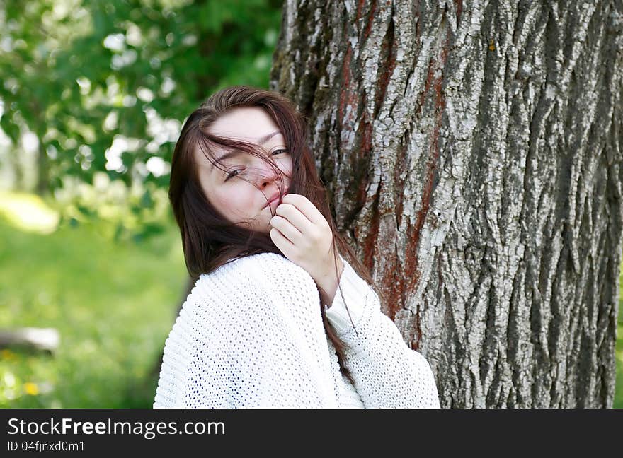 Portrait of beauty teenage girl near tree. Portrait of beauty teenage girl near tree