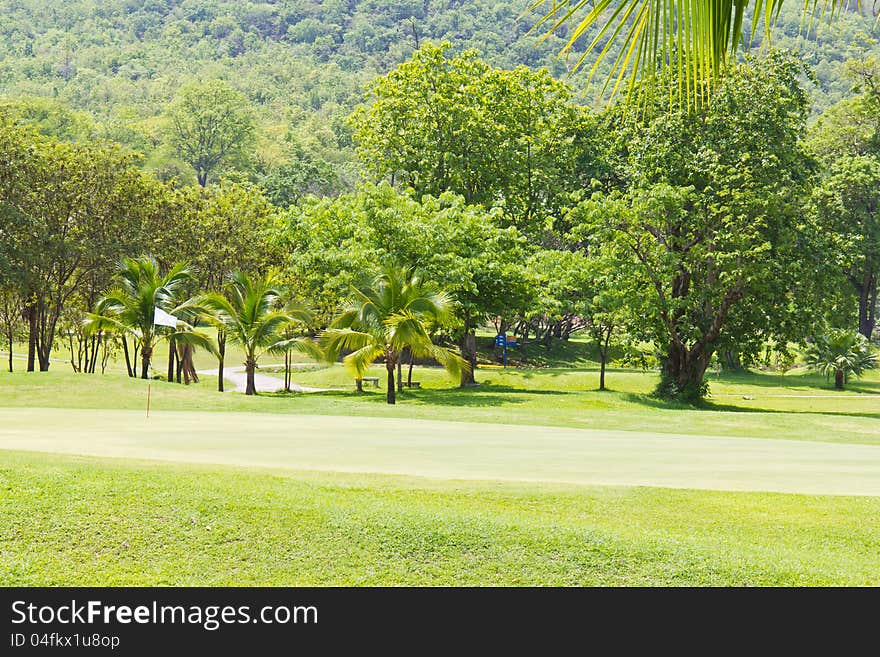 Golf green with flag beside the mountain. Golf green with flag beside the mountain