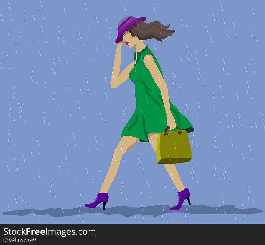 Girl comes with a bag in the rain. Girl comes with a bag in the rain.