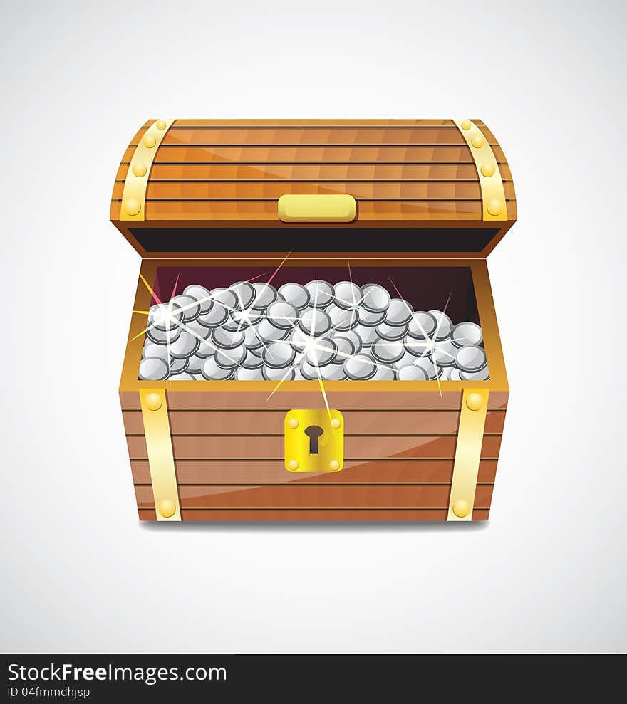 Ancient wooden chest filled with silver shiny coins. Ancient wooden chest filled with silver shiny coins