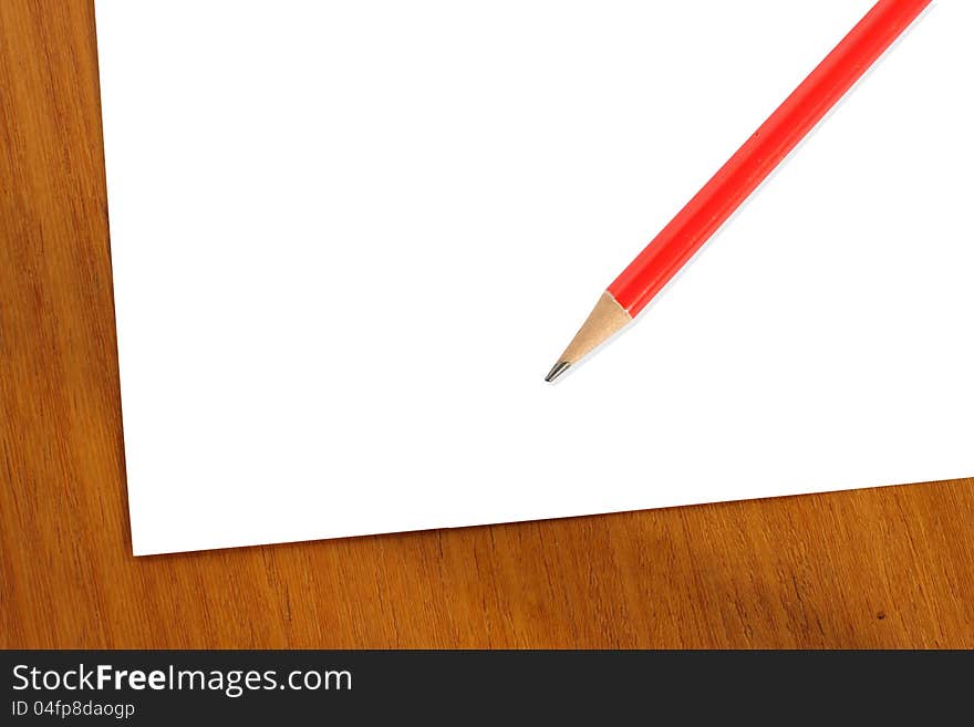 Blank paper and red pencil on wooden background. Blank paper and red pencil on wooden background