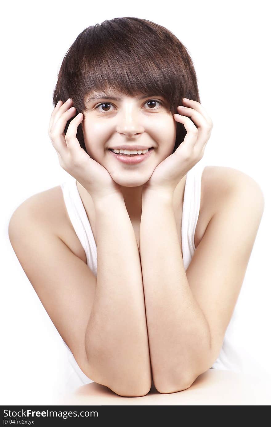 Portrait of young pretty woman on white background