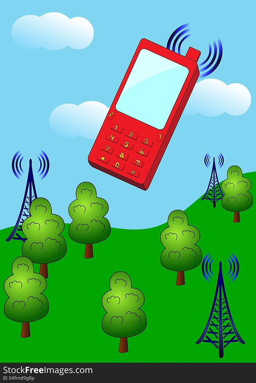 Cellular telephone and radio stations send signals to each other in countryside. Vector illustration. Cellular telephone and radio stations send signals to each other in countryside. Vector illustration