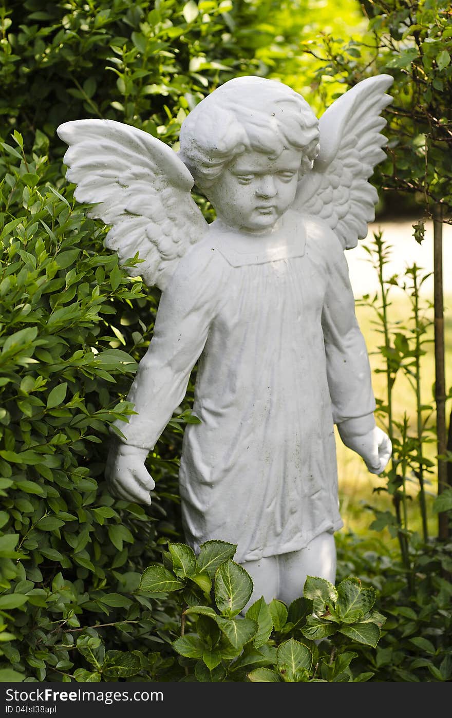 Angel sculpture surrounded by green leaves. Angel sculpture surrounded by green leaves