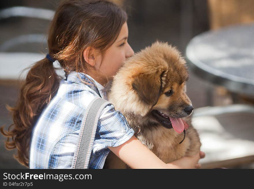 Cute girl hugs her puppy