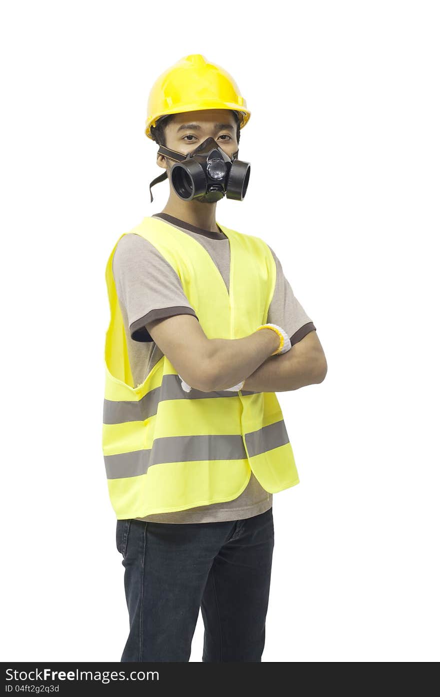 Worker wearing work gear isolated over white background