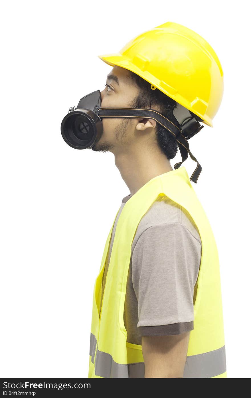 Worker wearing work gear looking up isolated over white background