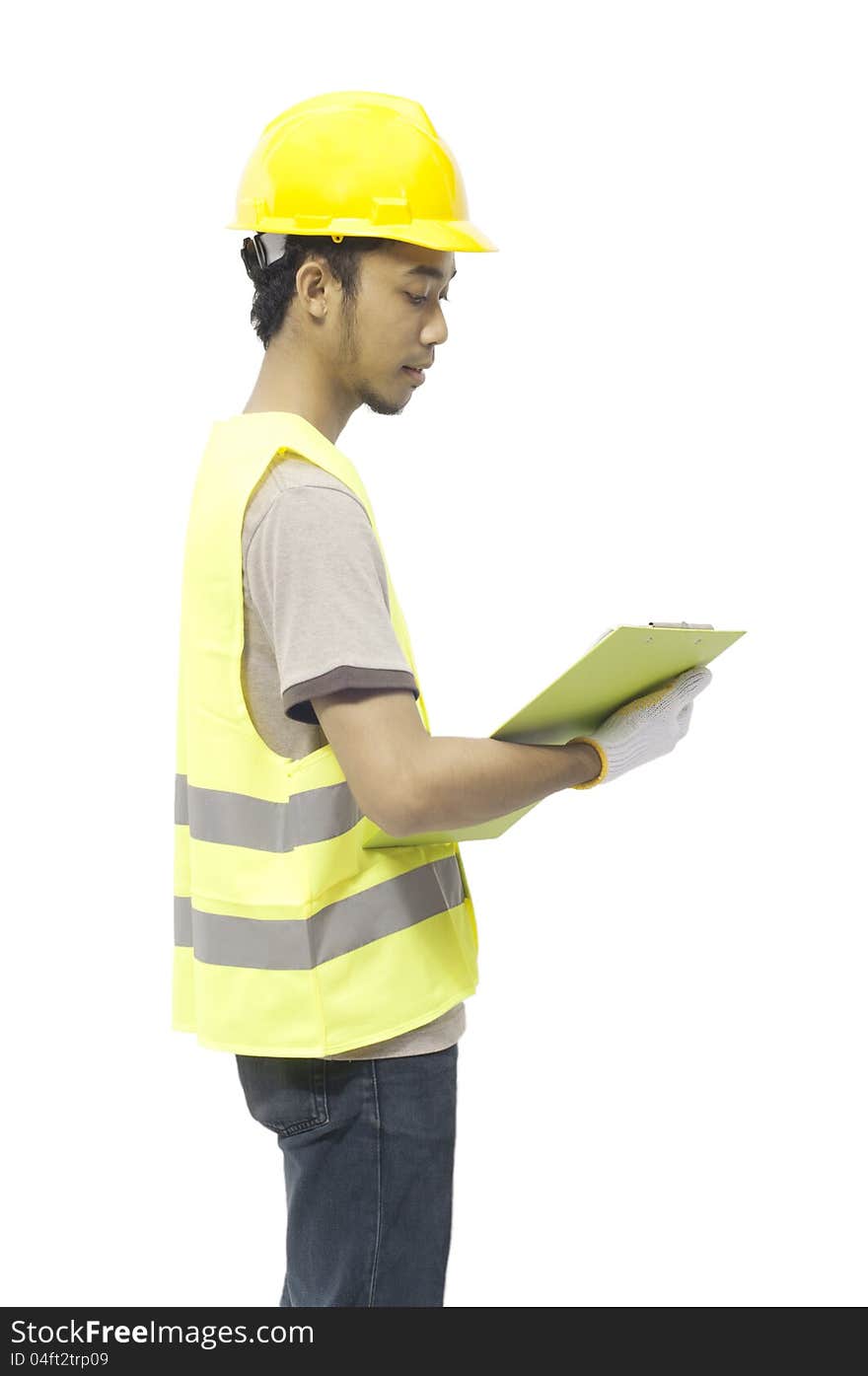 Young male worker hold clipboard isolated over white background