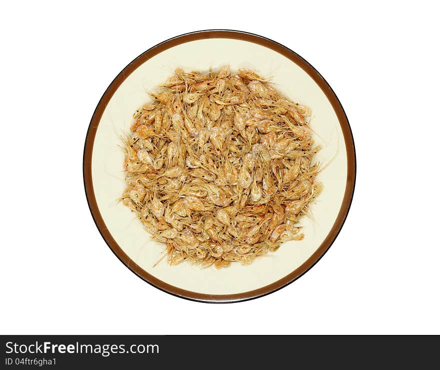 Dried shrimp in plate isolated on white with clipping path