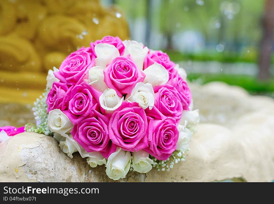 Flowers Roses Wedding Bouquet In Fountain Sprays Water Droplets