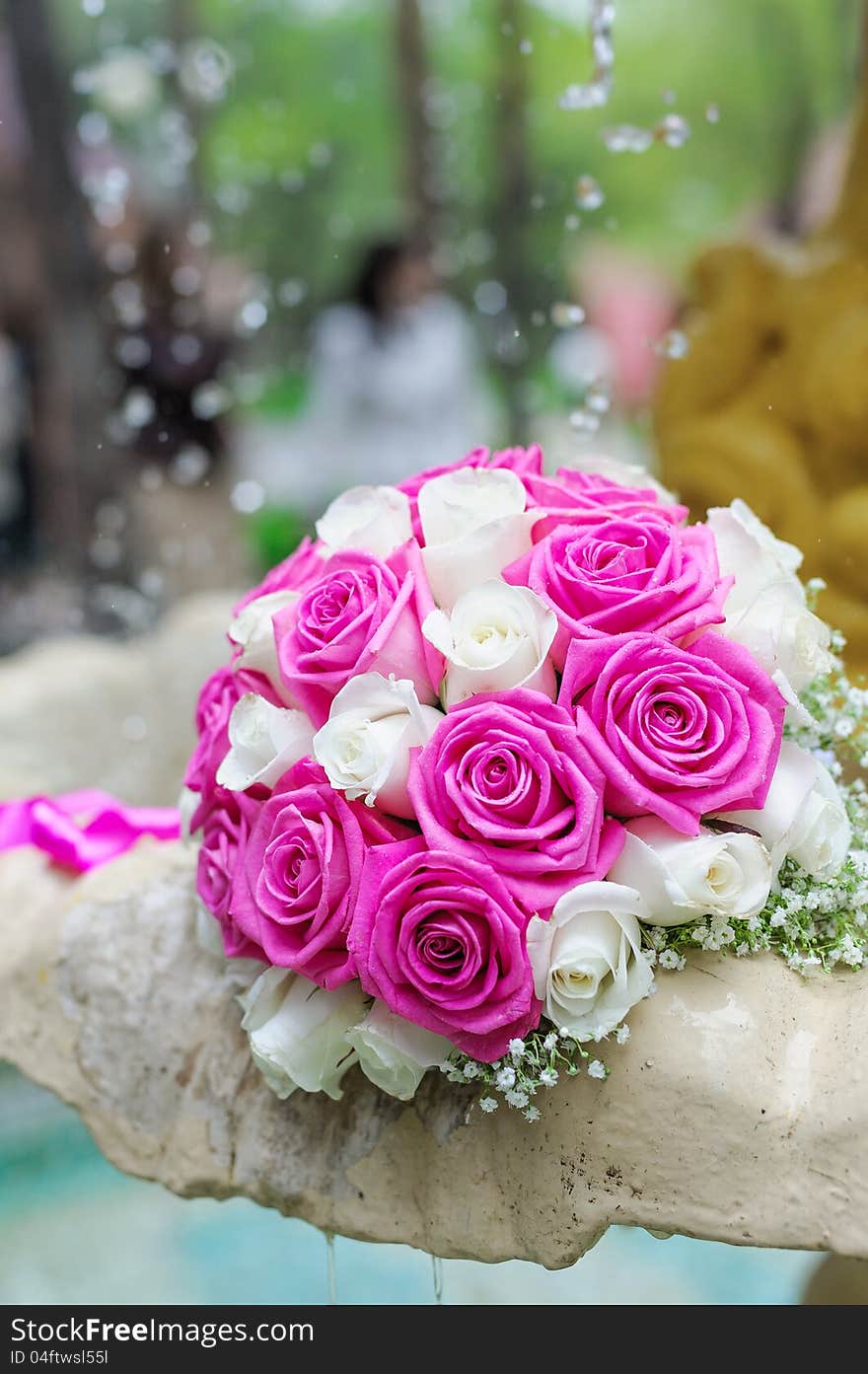 Flowers Roses Wedding Bouquet In Fountain Sprays Water Droplets