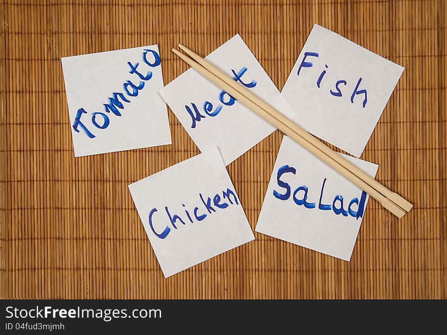 Set of post it notes with common phrases food and chopstick