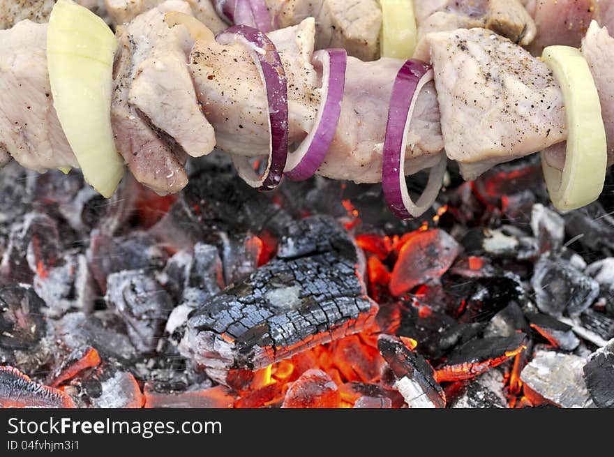 Tasty grill kebab salyk on a glowing charcoal with onion. Tasty grill kebab salyk on a glowing charcoal with onion