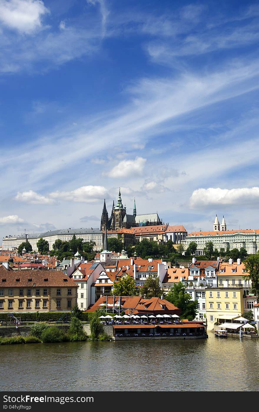 Prague Castle and Vltava river on a bright sunny day