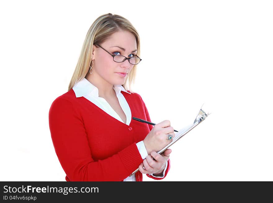 Pretty blonde woman with glasses and wearing a red sweater holding a clipboard and pen, isolated on white. Pretty blonde woman with glasses and wearing a red sweater holding a clipboard and pen, isolated on white.