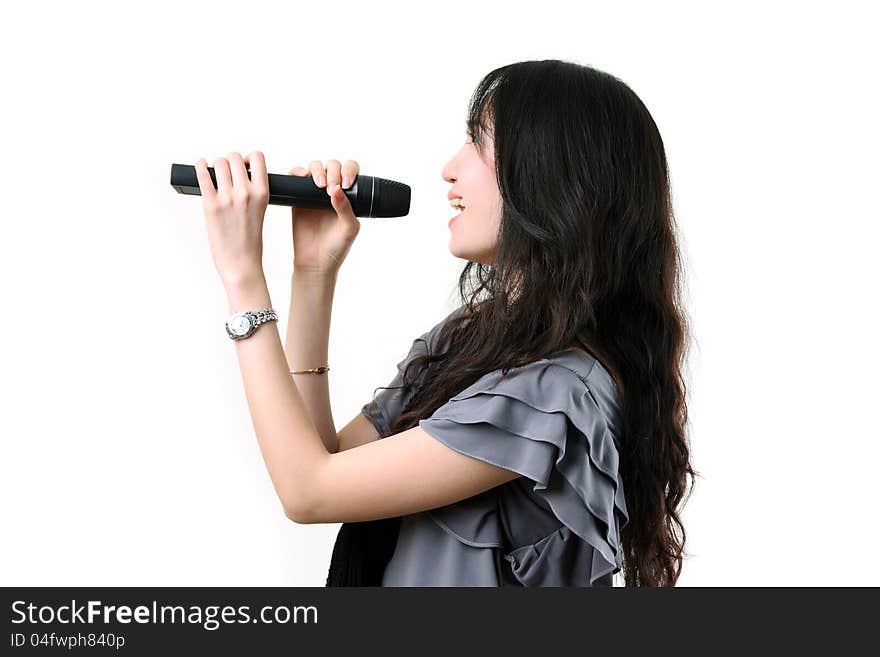 Karaoke singer on a white background.