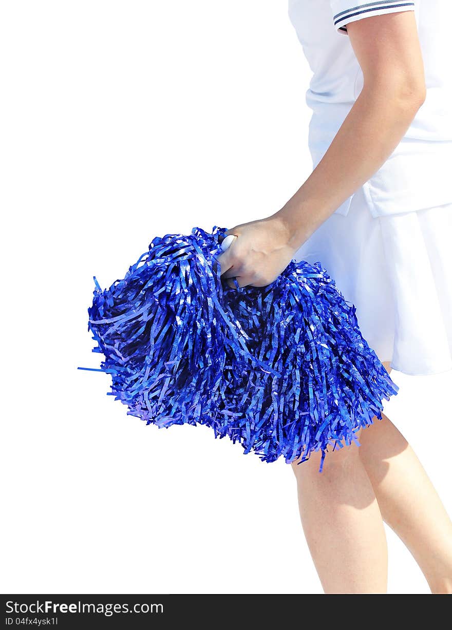 A young cheerleading girl violet colored pom-pon isolated on white