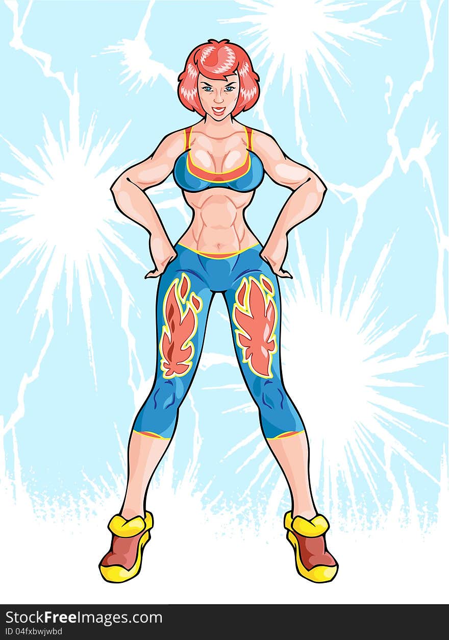 The illustration shows a young woman in the image of a superhero. She has a sports figure and she is engaged in fitness. Illustration made in the style of comics. The illustration shows a young woman in the image of a superhero. She has a sports figure and she is engaged in fitness. Illustration made in the style of comics.