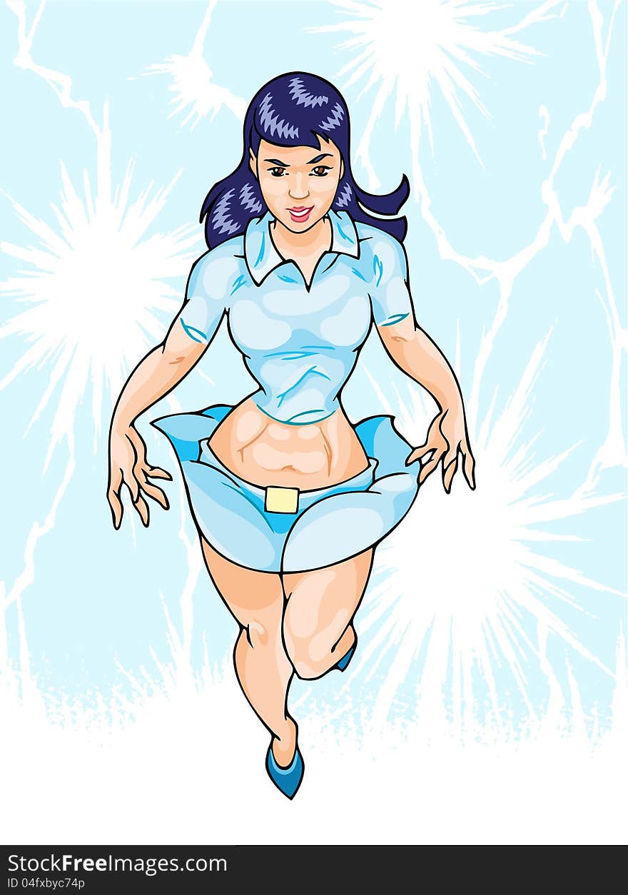 The illustration shows a young girl in the image of a superhero. She has a sports figure and she is engaged in fitness and tennis. Illustration made in the style of comics. The illustration shows a young girl in the image of a superhero. She has a sports figure and she is engaged in fitness and tennis. Illustration made in the style of comics.