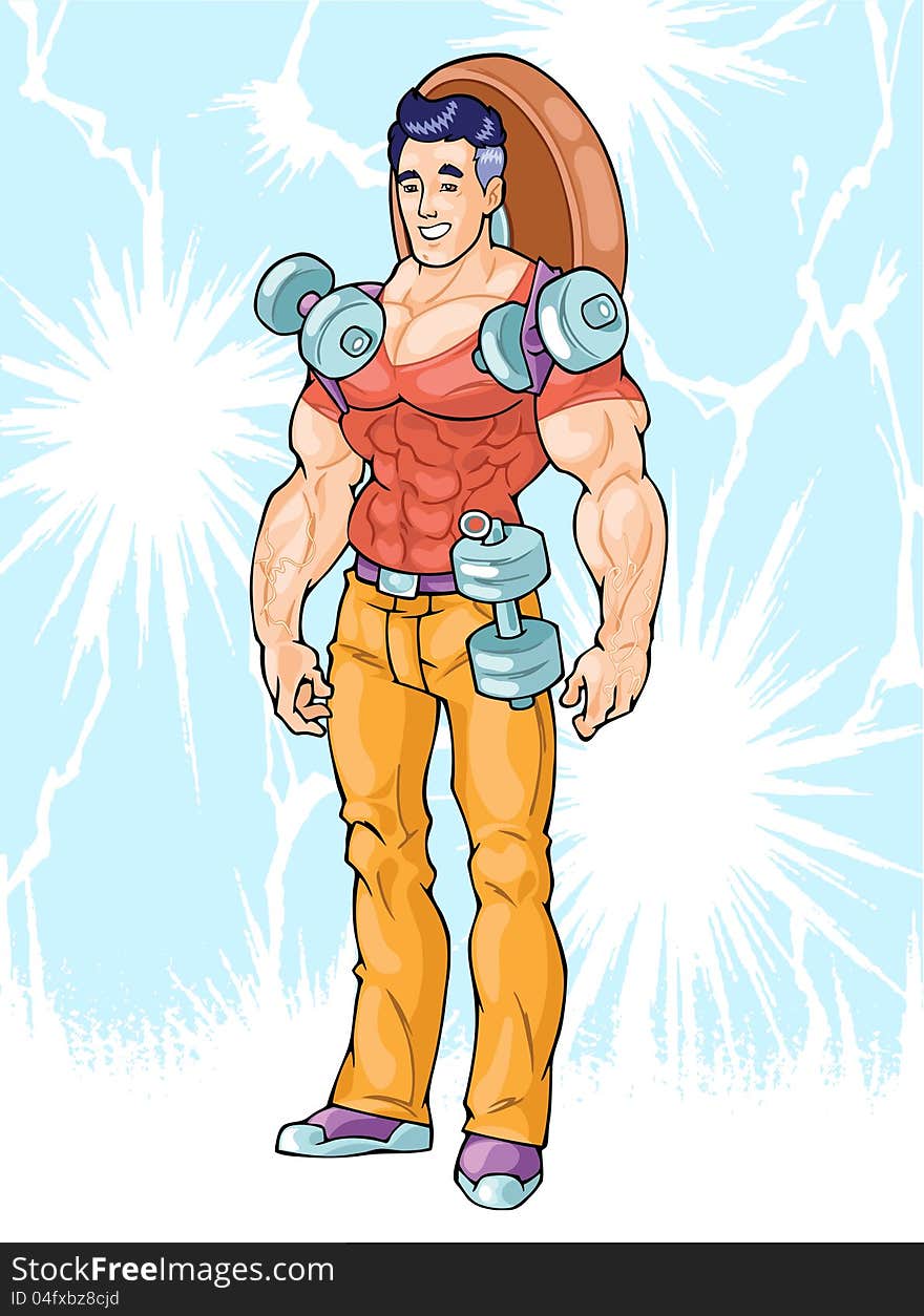 The illustration shows a young athletic man in the image of a superhero. He enjoys bodybuilding and barbell. Illustration made in the style of comics. The illustration shows a young athletic man in the image of a superhero. He enjoys bodybuilding and barbell. Illustration made in the style of comics.