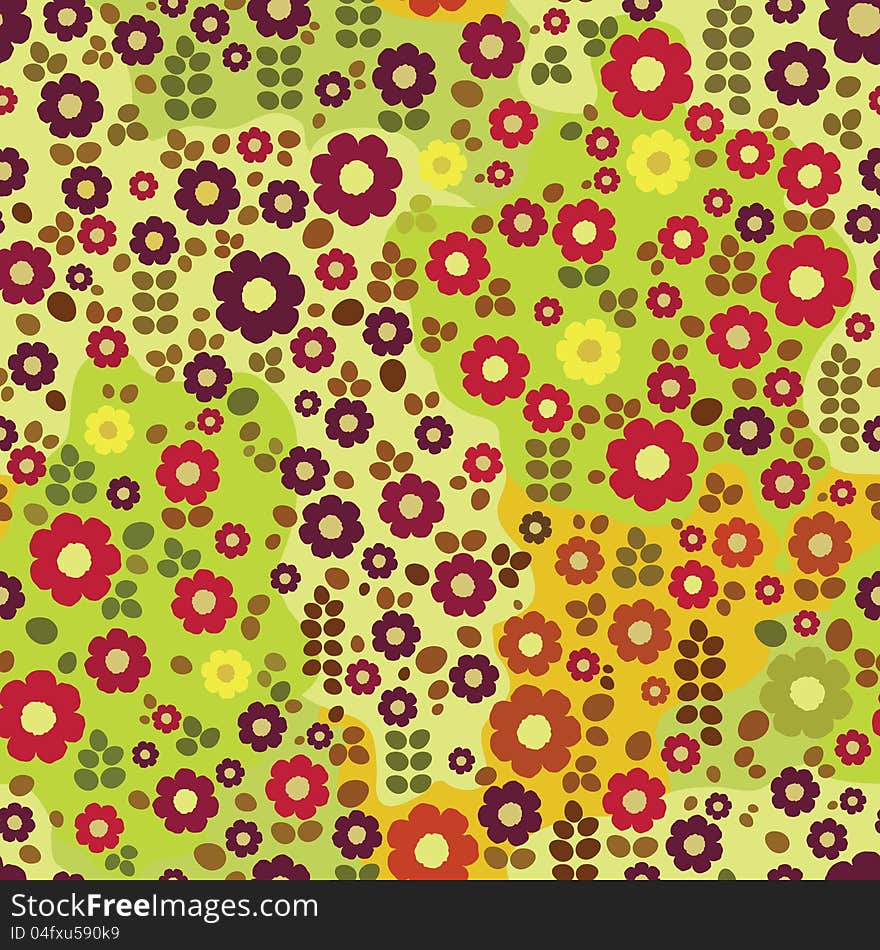 Cute kid floral pattern. colorful flowers on green background. Vector illustration