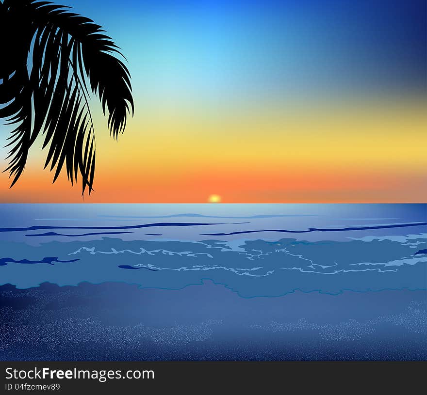 Beach and sea in the evening. With the shadow of palm trees. Beach and sea in the evening. With the shadow of palm trees