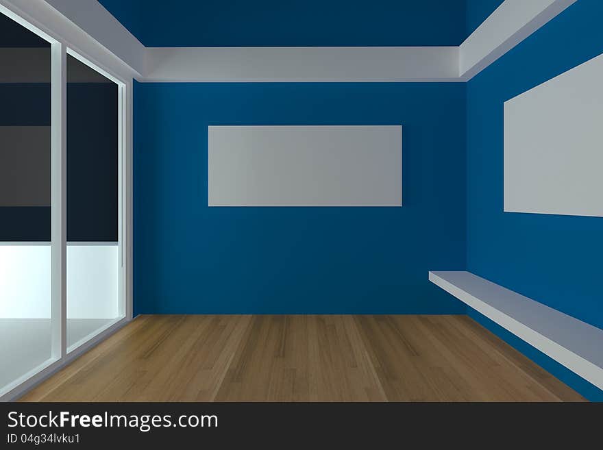 Home interior rendering with empty room color blue wall and decorated with wood floors. Home interior rendering with empty room color blue wall and decorated with wood floors.