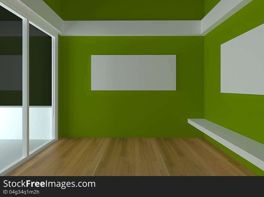 Home interior rendering with empty room color green wall and decorated with wood floors. Home interior rendering with empty room color green wall and decorated with wood floors.