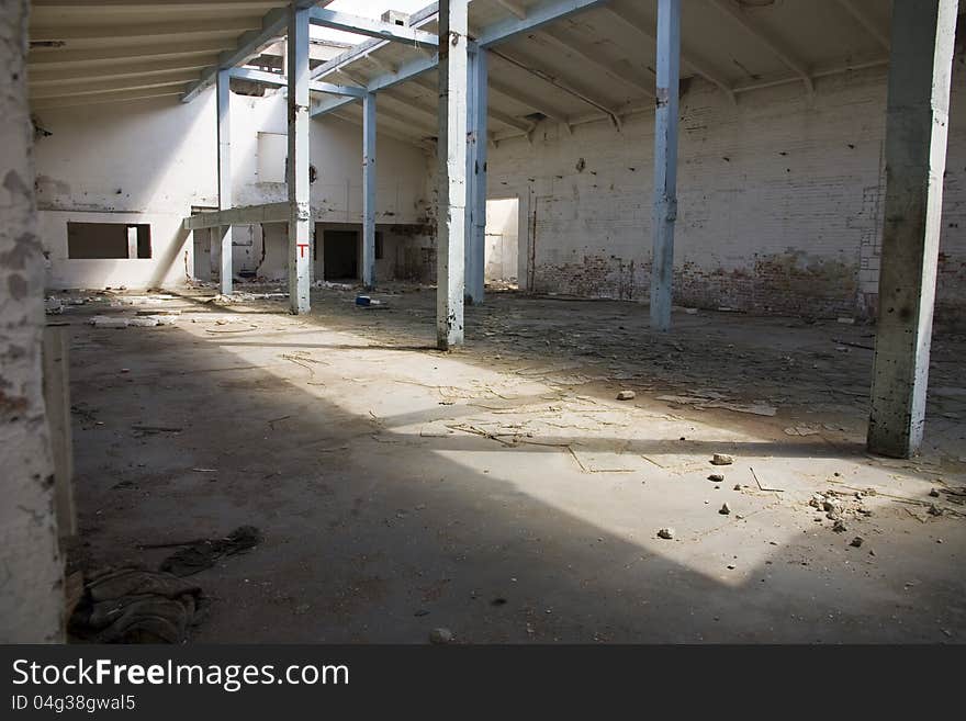 Derelict former factory hall, vacated the building before demolition. Derelict former factory hall, vacated the building before demolition