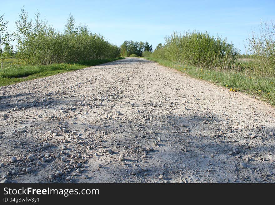 Rural road with gravel, osier and sky