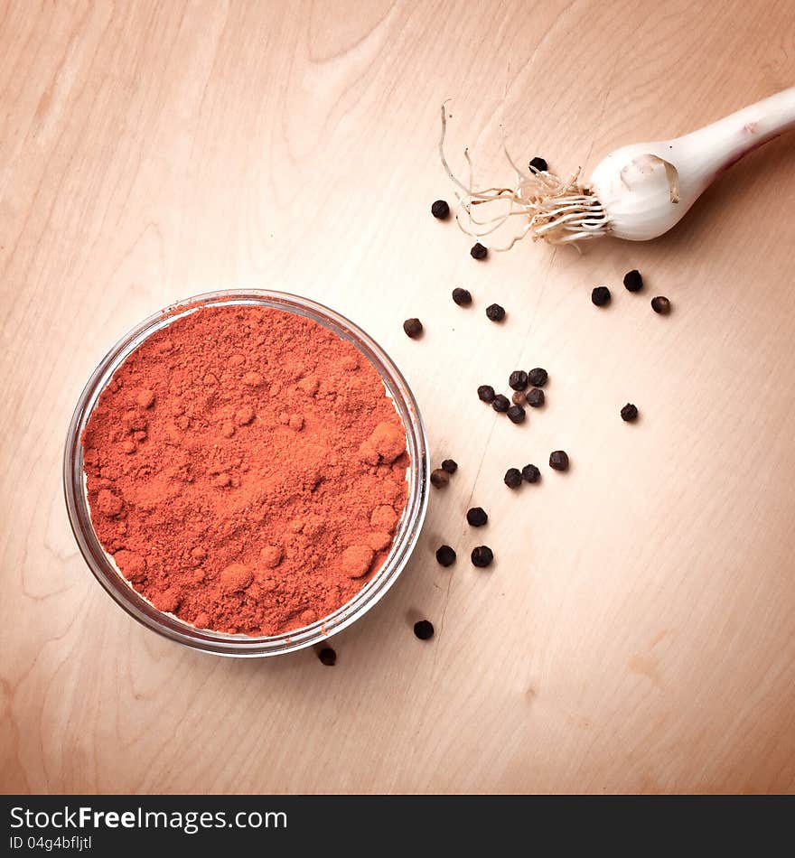 Close up of ground paprika in the glass dish