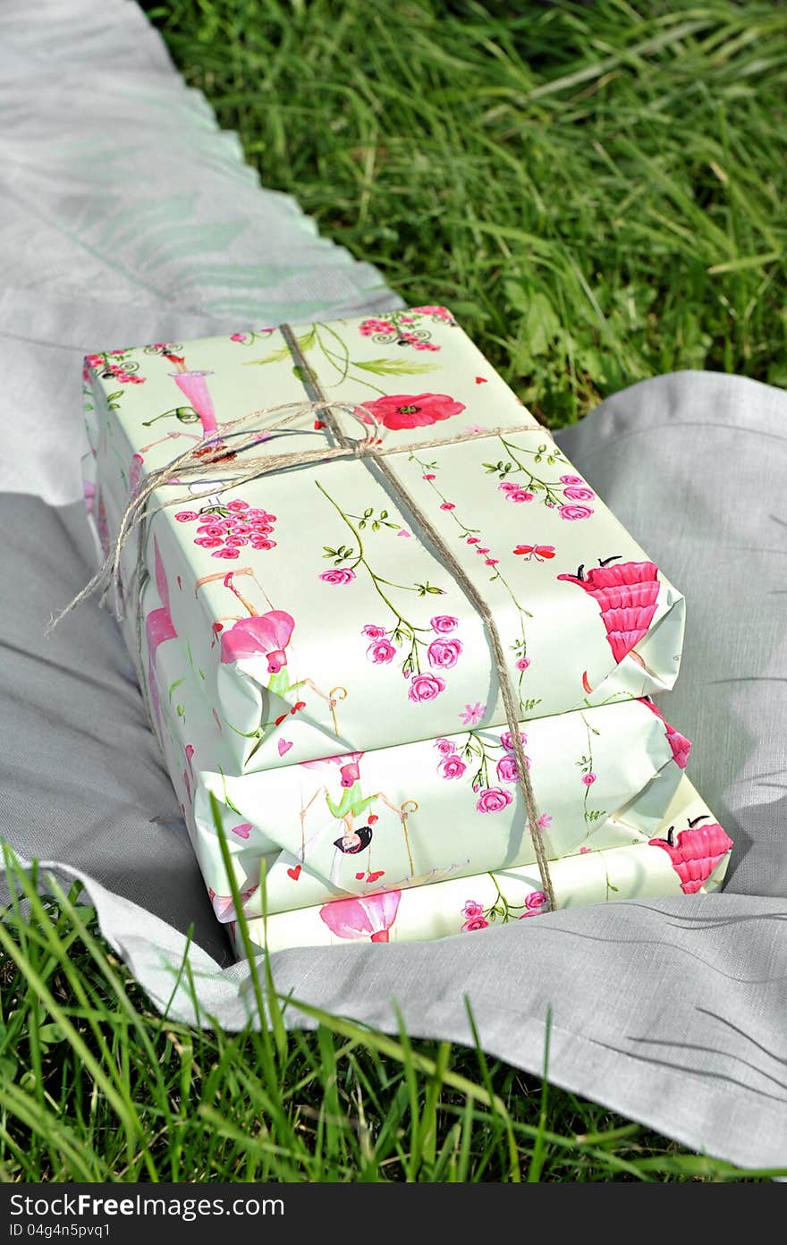 The pink birthday gift on the grass