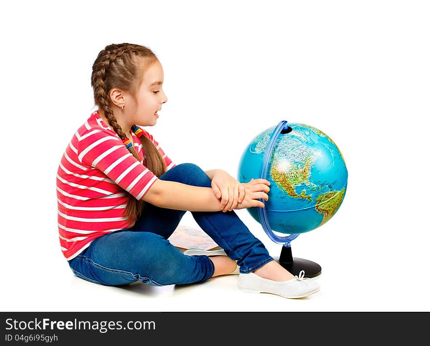 Foto-girl holding a globe, isolated. Foto-girl holding a globe, isolated