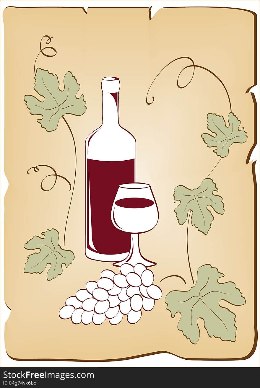 Red wine grapes on a background of leaves,illustration