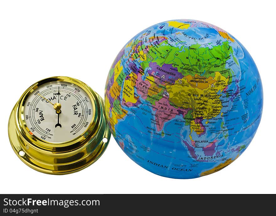A color globe of earth and marine barometer are symbols of changeable weather in our planet. A color globe of earth and marine barometer are symbols of changeable weather in our planet