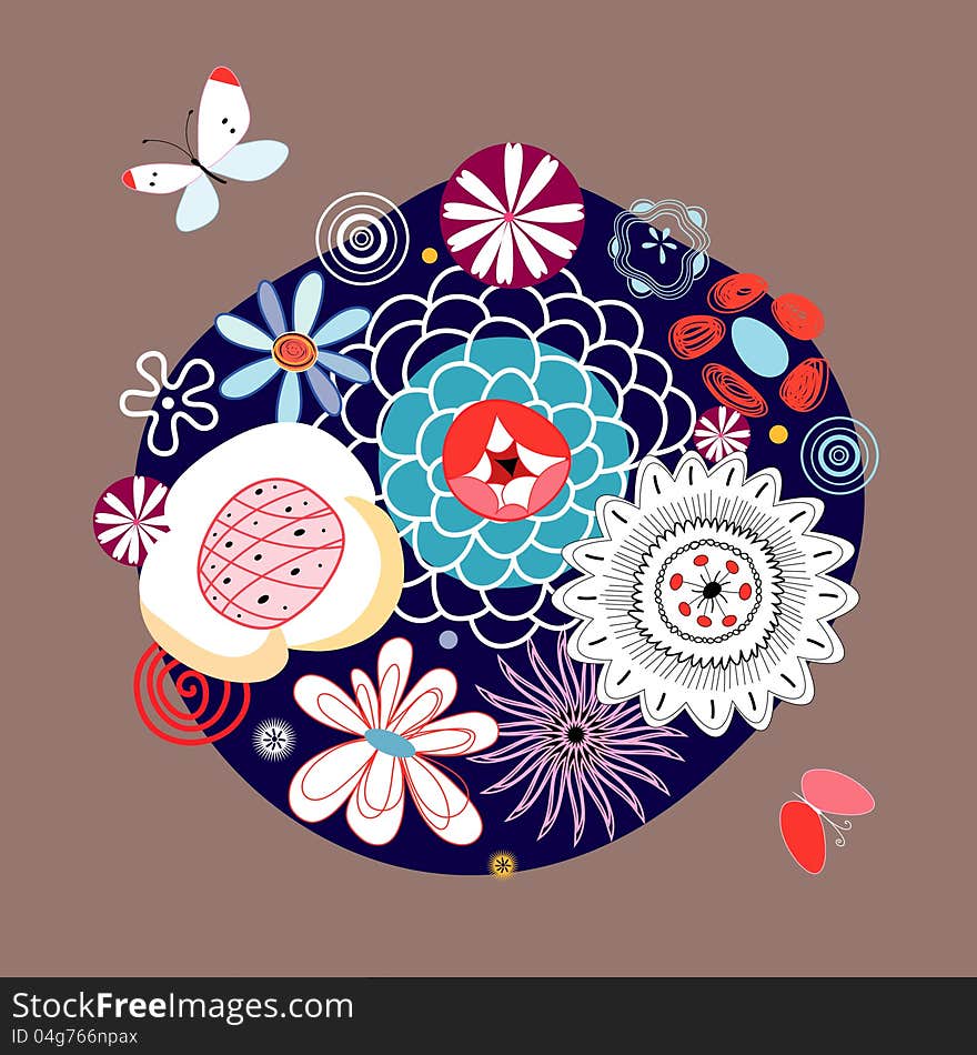 Bright summer floral background with butterflies on a dark