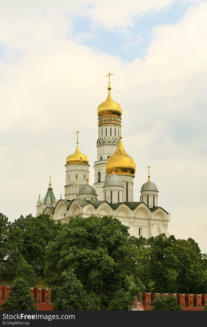 View of the Kremlin's Arkhangel temple from side of Moscow River. View of the Kremlin's Arkhangel temple from side of Moscow River