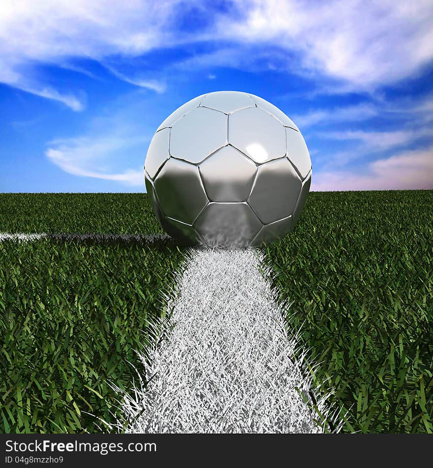 Silver soccer ball in the grass isolated on against the sky