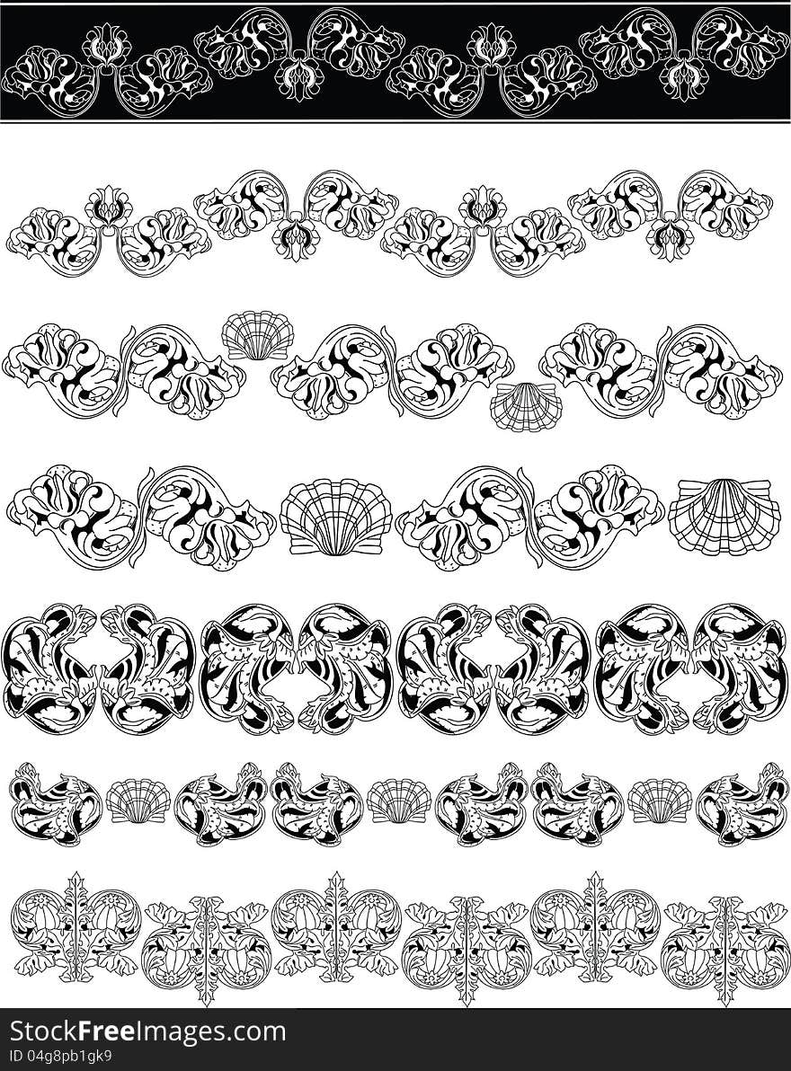 Set of floral ornament elements lineart. Set of floral ornament elements lineart