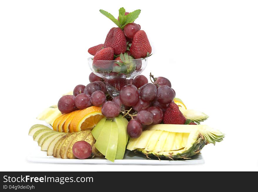 A plate of ripe fruit on a white background