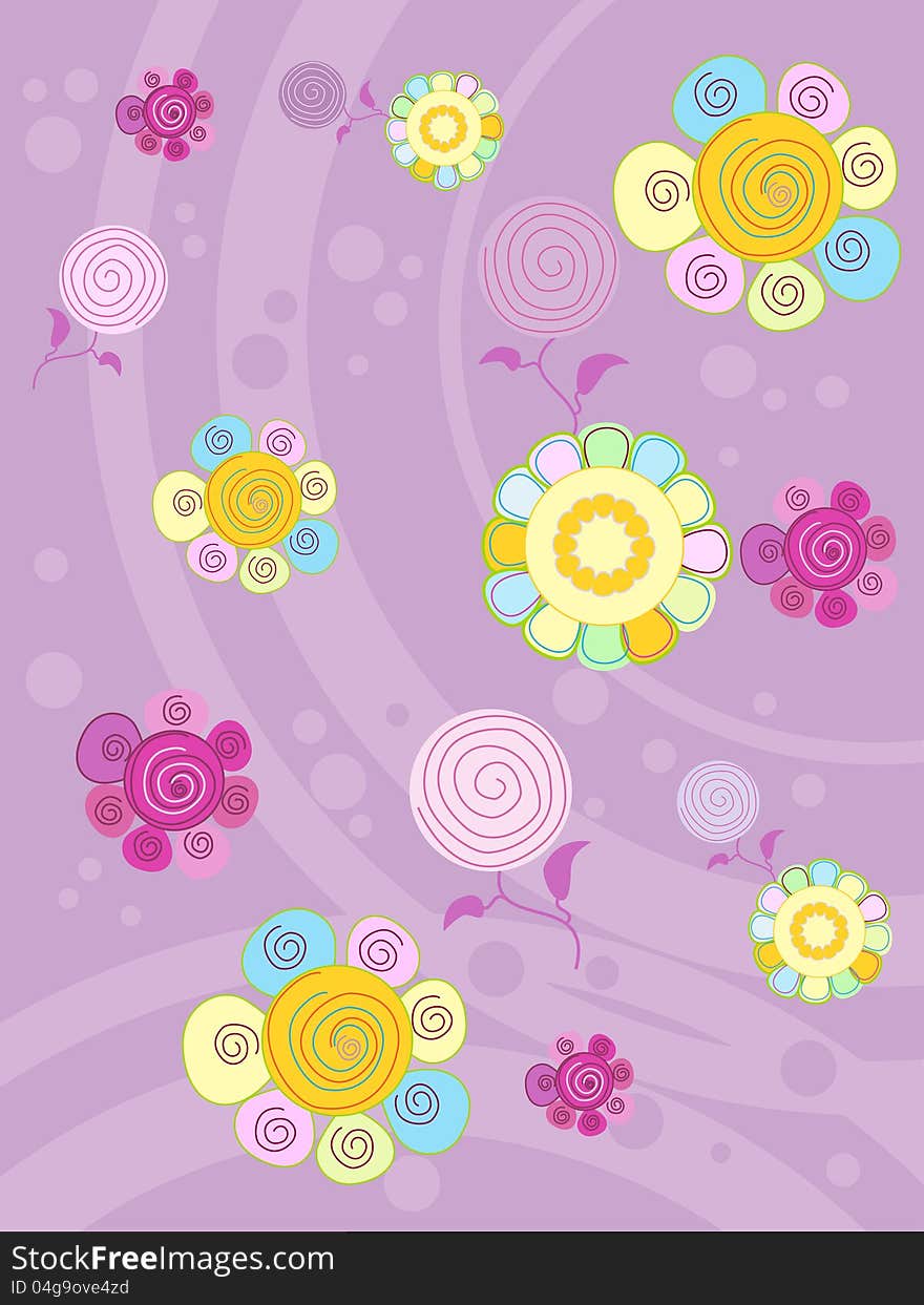 Multi-colored flowers on a lilac background