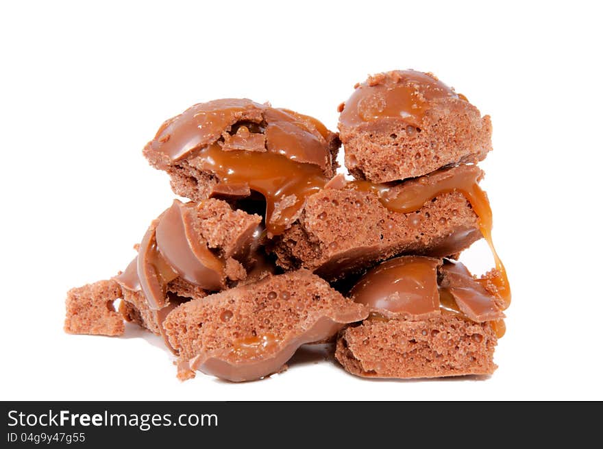 Caramel and bubble chocolate isolated. Caramel and bubble chocolate isolated