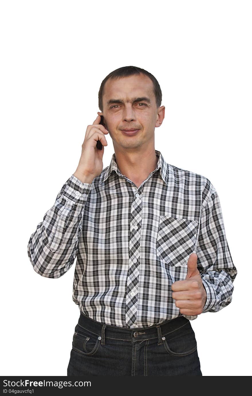 Young man talking on the phone on a white background. Young man talking on the phone on a white background